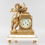 A GOOD LOUIS XVI GILT BRONZE AND WHITE MARBLE MANTLE CLOCK, with circular cream dial painted with