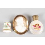 AN OVAL CAMEO, PORCELAIN SCENT BOTTLE AND THIMBLE (3).