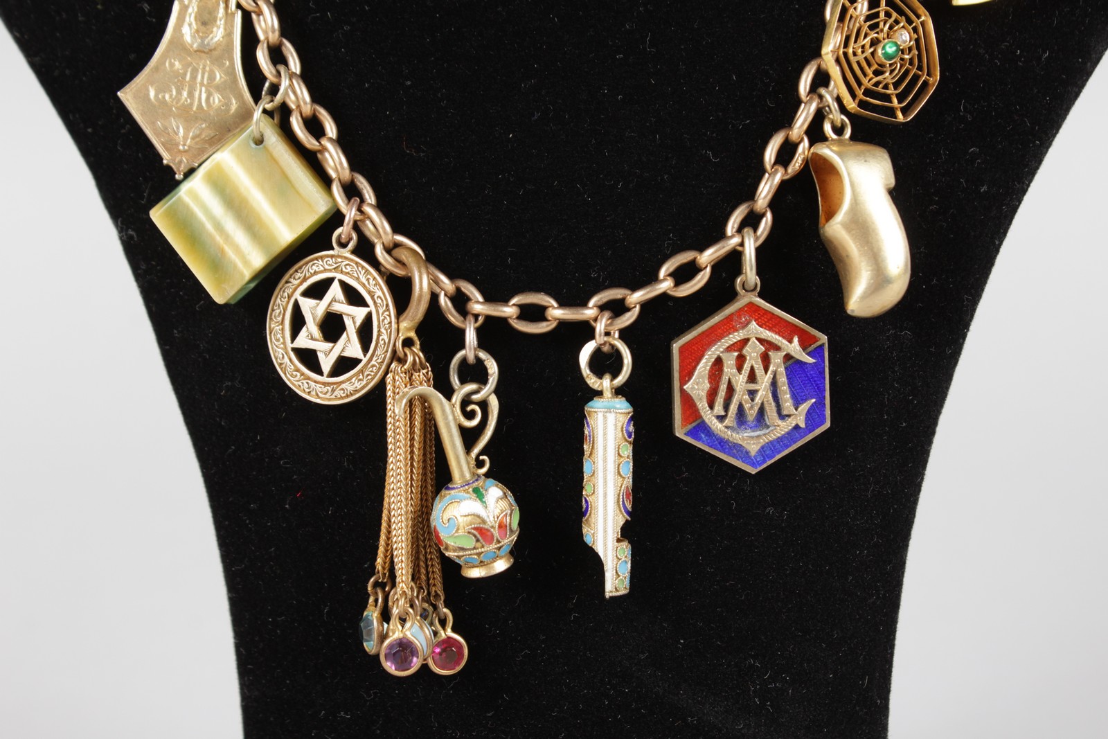 A LONG 9CT GOLD CHARM NECKLACE, some charms Jewish and Russian. - Image 2 of 4