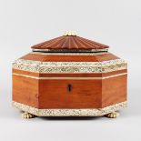 A SUPERB IVORY INLAID VIZAGAPATAM OCTAGONAL BOX AND COVER with fitted interior, on four bun feet.