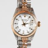A LADIES TWO COLOUR ROLEX OYSTER PERPETUAL DATE WRISTWATCH.