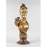 V. BRAYNEER A VERY GOOD GILT BRONZE BUST OF A YOUNG LADY on a pedestal base. Signed. 24ins high.