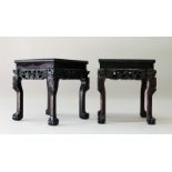 A GOOD PAIR OF CHINESE SQUARE PLANT-VASE STAND with inset hardstone top, carved edge on curving legs