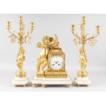 A SUPERB 19TH CENTURY FRENCH ORMOLU AND WHITE MARBLE THREE PIECE MANTLE CLOCK SET, Retailed by