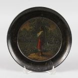 A RUSSIAN CIRCULAR PAPIER MACHE PLATE painted with a young girl looking out to sea. Gold mark on