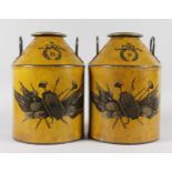 A PAIR OF TOLEWARE TWO HANDLED CANISTERS. 13ins high.