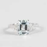 A GOOD AQUAMARINE AND DIAMOND RING set in 18ct white gold.