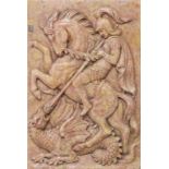 A LARGE EARLY CARVED MARBLE PLAQUE of ST. GEORGE SLAYING THE DRAGON. 32ins x 21ins.