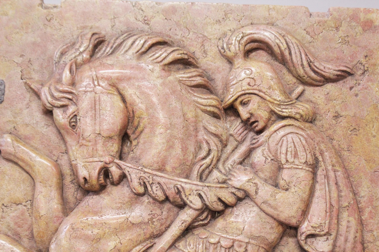 A LARGE EARLY CARVED MARBLE PLAQUE of ST. GEORGE SLAYING THE DRAGON. 32ins x 21ins. - Image 4 of 4