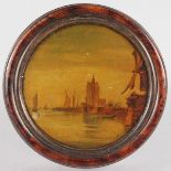 A SMALL CIRCULAR PILL BOX, the lid with a harbour scene. 2.75ins diameter.