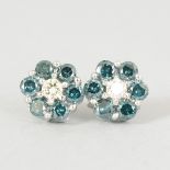 A PAIR OF DIAMOND AND BLUE DIAMOND STUD EARRINGS, set in platinum, total weight 2CTS.