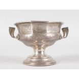 A RUSSIAN SILVER OCTAGONAL ENGRAVED PEDESTAL BOWL, 10.5cms, with looped handles, marks V.V. B.G.