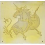 A LARGE ART DECO DESIGN MIRROR engraved with a unicorn. 3ft x 3ft.