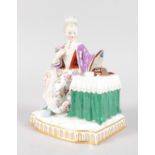 A MEISSEN GROUP OF A LADY LOOKING INTO A MIRROR on a dressing table. Cross swords mark in blue. 6ins