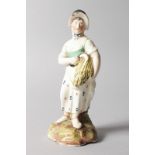 A SMALL STAFFORDSHIRE PRATTWARE LADY, "HARVEST". 6.5ins high.