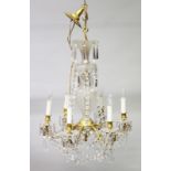 A GOOD LOUIS XVI DESIGN FROSTED CRYSTAL AND ORMOLU SIX LIGHT HANGING CHANDELIER with cut crystal