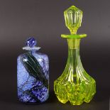 TWO GLASS SCENT BOTTLES AND STOPPERS.