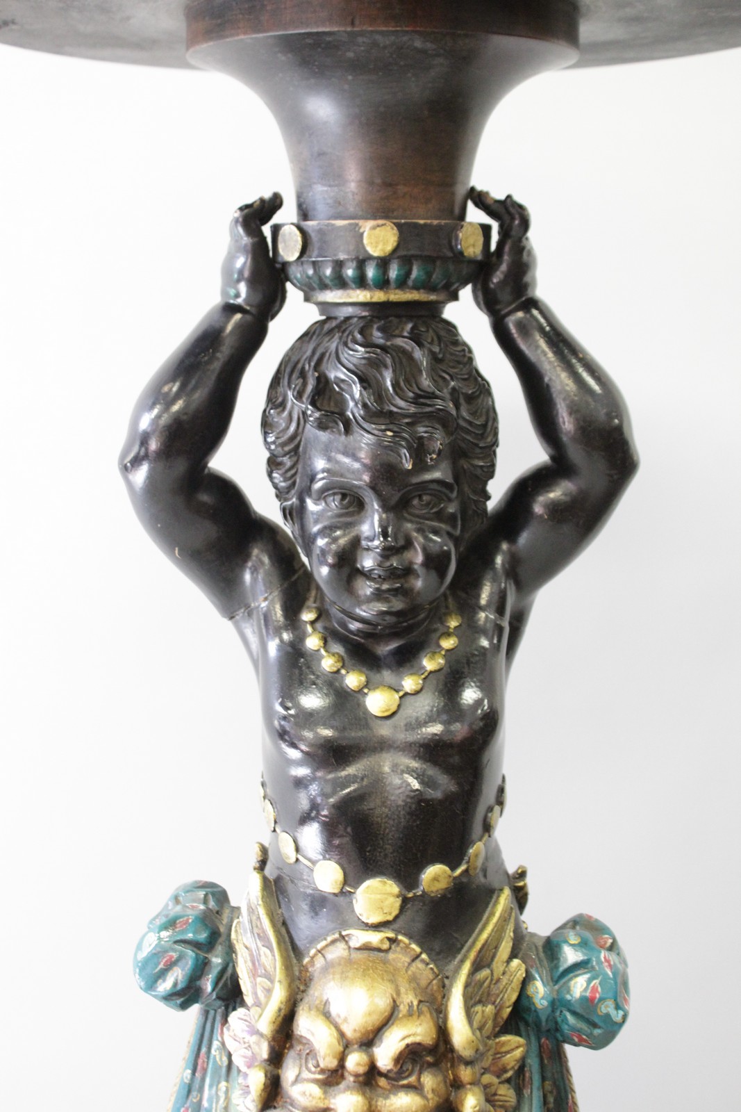 A SUPERB PAIR OF CARVED PAINTED AND GILDED BLACKAMOOR STANDS, the tops inset with a malachite panel, - Image 2 of 5