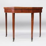A GEORGE III MAHOGANY CARD TABLE, the fold-over top with crossbanded decoration on tapering square