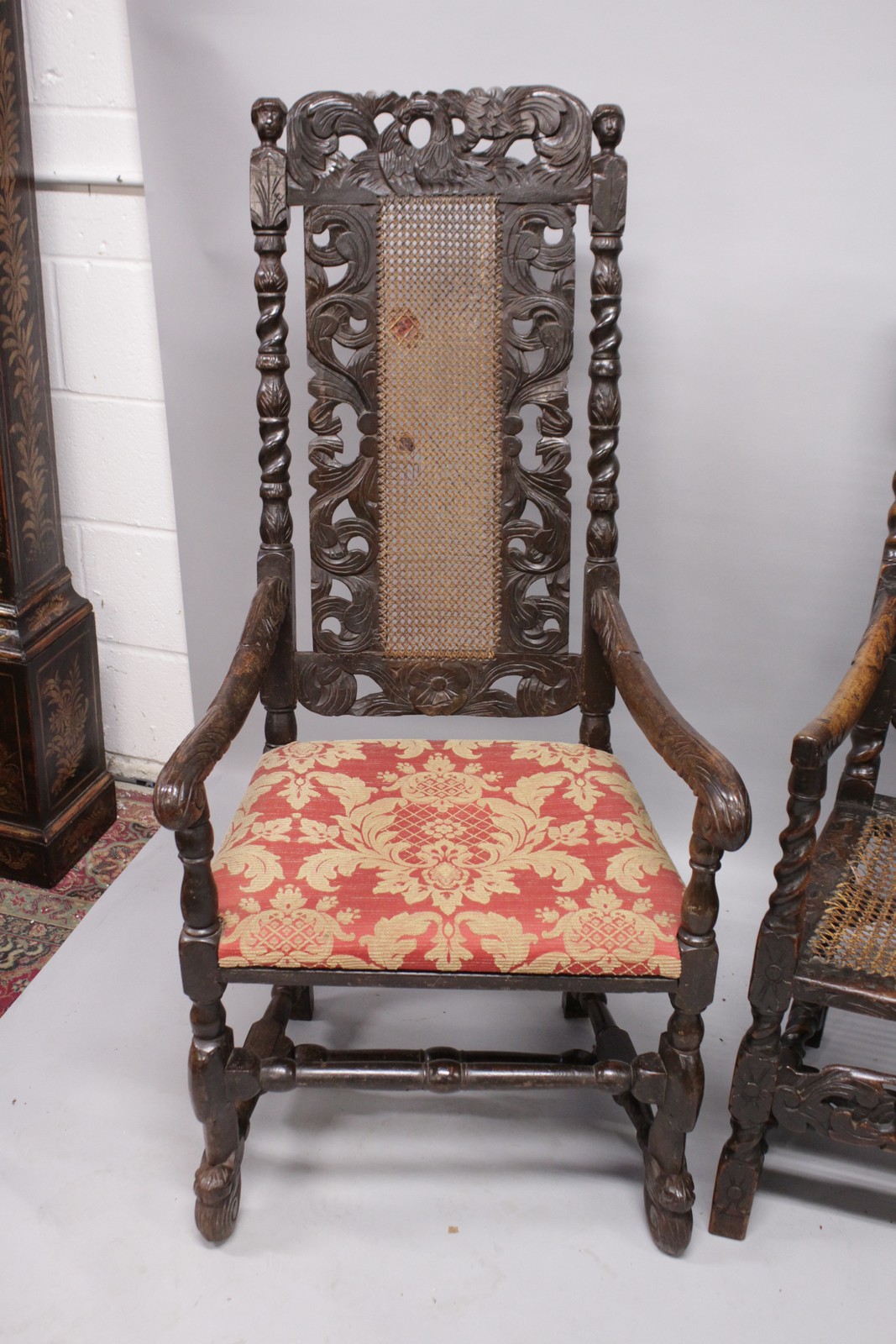 THREE LATE 17TH CENTURY WALNUT ARMCHAIRS, all with carved cresting rails, cane work back panels, - Image 2 of 4