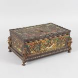 A 19TH CENTURY BOULLE CASKET, inlaid with bone and mother-of-pearl with animals and flowers, with