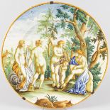 A LARGE MAJOLICA CIRCULAR PLAQUE with Istoriato decoration "The Judgement of Paris". 18ins