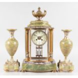 A VERY GOOD 19TH CENTURY FRENCH CHAMPLEVE ENAMEL THREE PIECE CLOCK GARNITURE, Retailed by MACKAY