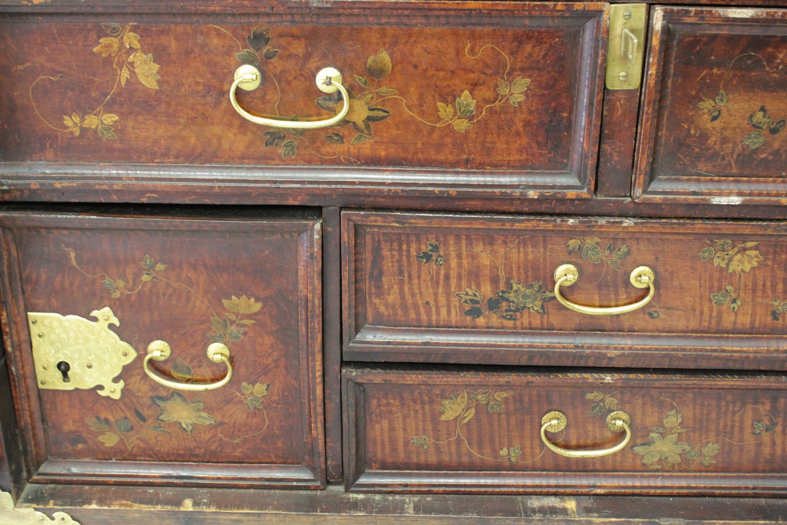 A SUPERB 17TH CENTURY WALNUT CHEST with iron mounts and hinges, the doors with Japanned decoration - Image 10 of 11