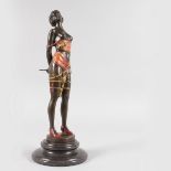 AFTER BRUNO ZACH A BRONZE GILDED SEMI CLAD STANDING GIRL, holding a whip. Signed, on a circular