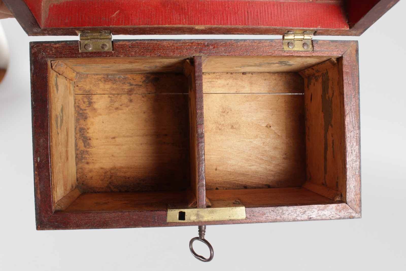 A GEORGIAN PAINTED WOOD TEA CADDY, the roof with chimney, two dormer windows, lift up roof, two - Image 3 of 3