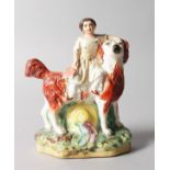A SMALL STAFFORDSHIRE GROUP, YOUNG GIRL RIDING A DOG. 6ins high.