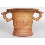 A GOOD LARGE CAST IRON MORTAR inscribed and dated AN: LEGAS: 1688. 9ins high.