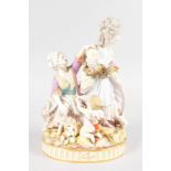 A VERY GOOD MEISSEN GROUP of a young lady, with a servant, cupid and a basket of broken eggs,