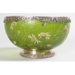 A SUPERB GALLE SILVER MOUNTED CIRCULAR BOWL, CIRCA. 1900, green glass enamelled with daisies and