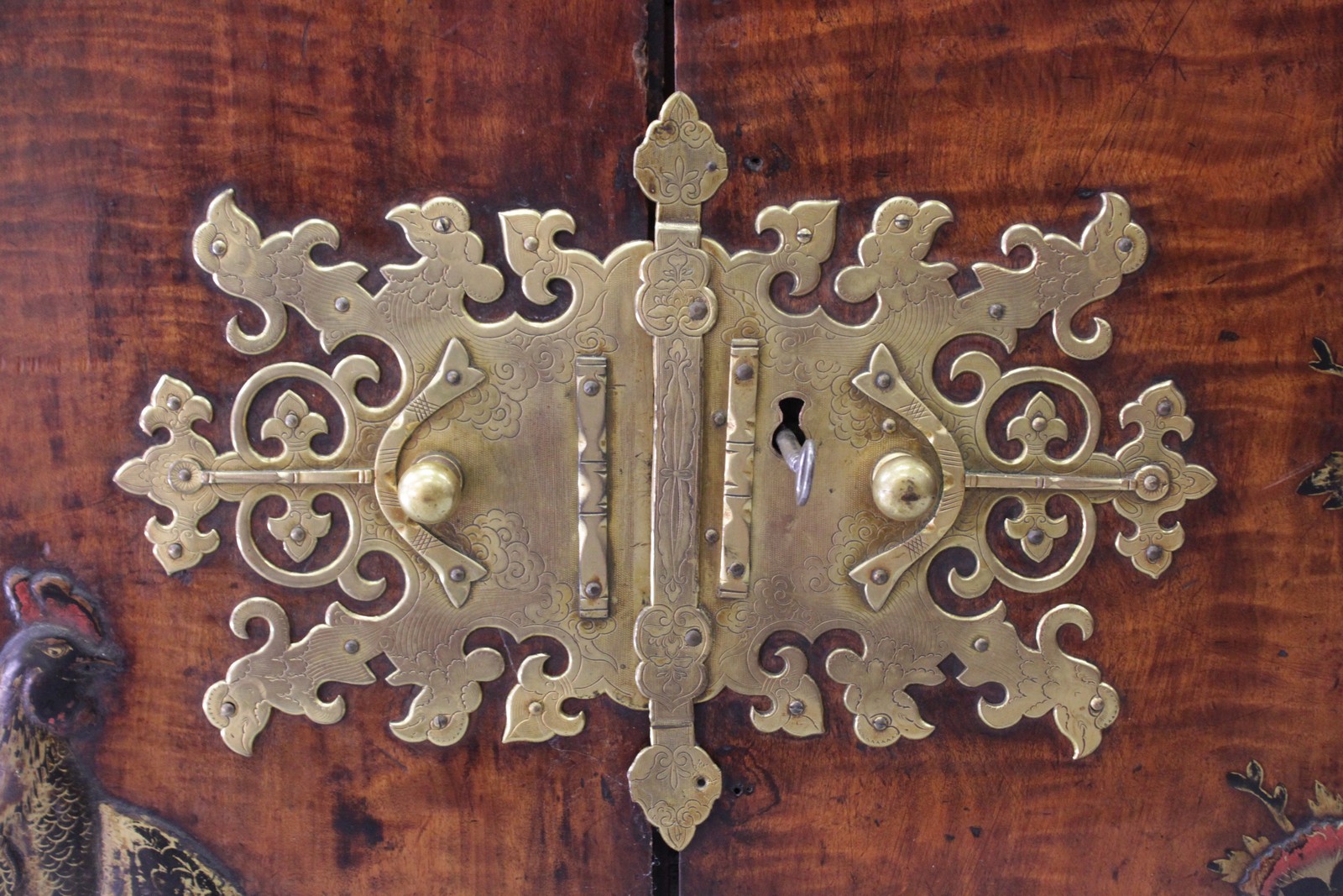 A SUPERB 17TH CENTURY WALNUT CHEST with iron mounts and hinges, the doors with Japanned decoration - Image 4 of 11