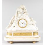 A SUPERB 19TH CENTURY FRENCH CARVED WHITE MARBLE MANTLE CLOCK, the case as a superb carved white