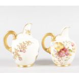 TWO ROYAL WORCESTER JUGS, painted with flower on a blush ivory ground, date code for 1907 & 1891.