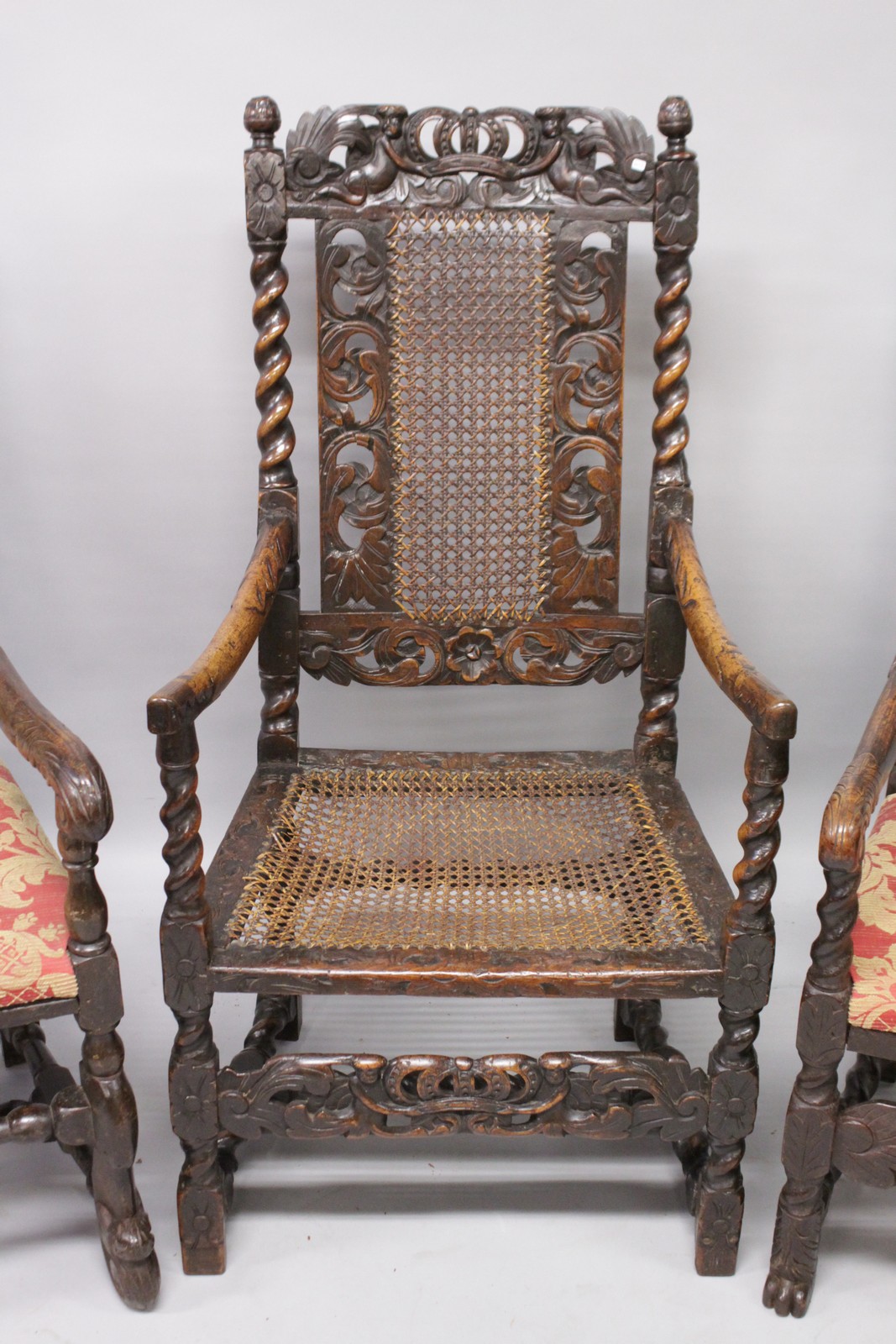 THREE LATE 17TH CENTURY WALNUT ARMCHAIRS, all with carved cresting rails, cane work back panels, - Image 3 of 4