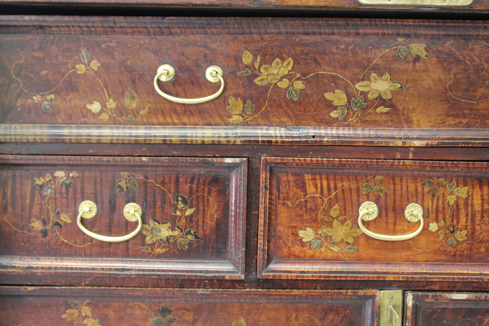 A SUPERB 17TH CENTURY WALNUT CHEST with iron mounts and hinges, the doors with Japanned decoration - Image 9 of 11