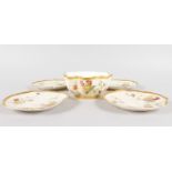 A ROYAL WORCESTER HORS D'OUVRES SET, a bowl and four leaf shaped dishes, painted with flowers on a