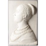 A PLASTER PLAQUE of a YOUNG LADY. 26ns x 12ins.