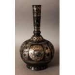 AN 18TH/19TH CENTURY INDIAN BIDRI WARE SILVER INLAID BOTTLE VASE, the iron body inlaid with floral
