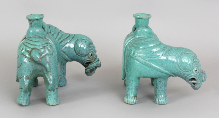 A MIRROR PAIR OF 18TH/19TH CENTURY CHINESE ROBIN'S EGG ELEPHANT CANDLE OR JOSS STICK HOLDERS, - Image 2 of 9