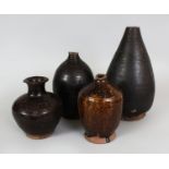 A GROUP OF FOUR VARIOUS BROWN & BLACK GLAZED STONEWARE VASES, possibly early, the largest 11.5in(