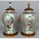 A GOOD LARGE PAIR OF CHINESE KANGXI PERIOD FAMILLE VERTE PORCELAIN VASES, fitted for electricity