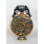 A CHINESE QIANLONG/JIAQING PERIOD CLOISONNE MOON FLASK, with a garlic mouth and pierced dragon and