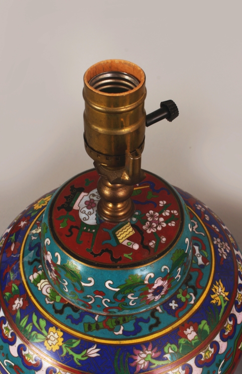 A PAIR OF 20TH CENTURY CHINESE CLOISONNE JARS & COVERS, fitted for electricity, each decorated - Image 7 of 8