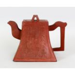 A 19TH CENTURY CHINESE YIXING POTTERY TEAPOT & COVER, of rectangular section, one side of the