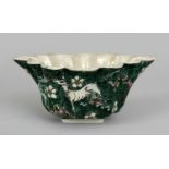 AN UNUSUAL LATE 17TH CENTURY CHINESE KANGXI PERIOD FAMILLE VERTE BISCUIT PORCELAIN LIBATION BOWL,