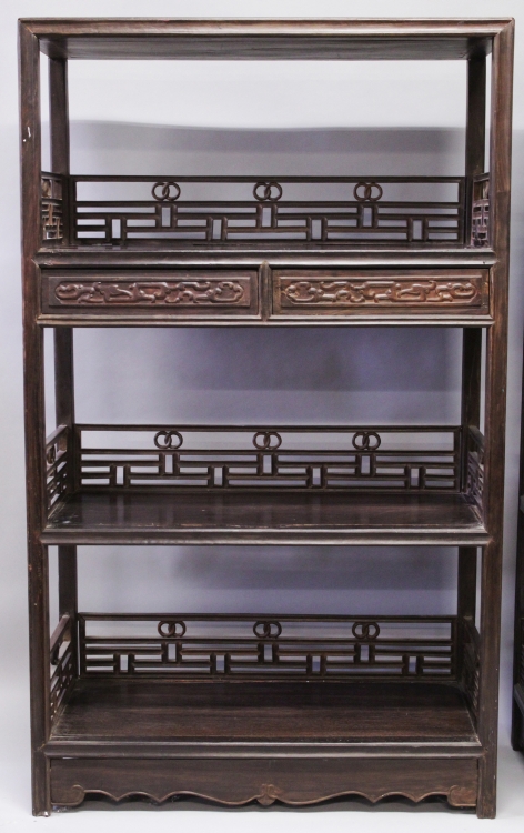 A GOOD PAIR OF LARGE CHINESE HARDWOOD STANDING OPEN DISPLAY SHELVES, very heavy in weight, each with - Image 2 of 9